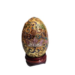 Chinese Cloisonné Decorative Egg Gold Tone Enamel Flowers w/ Stand